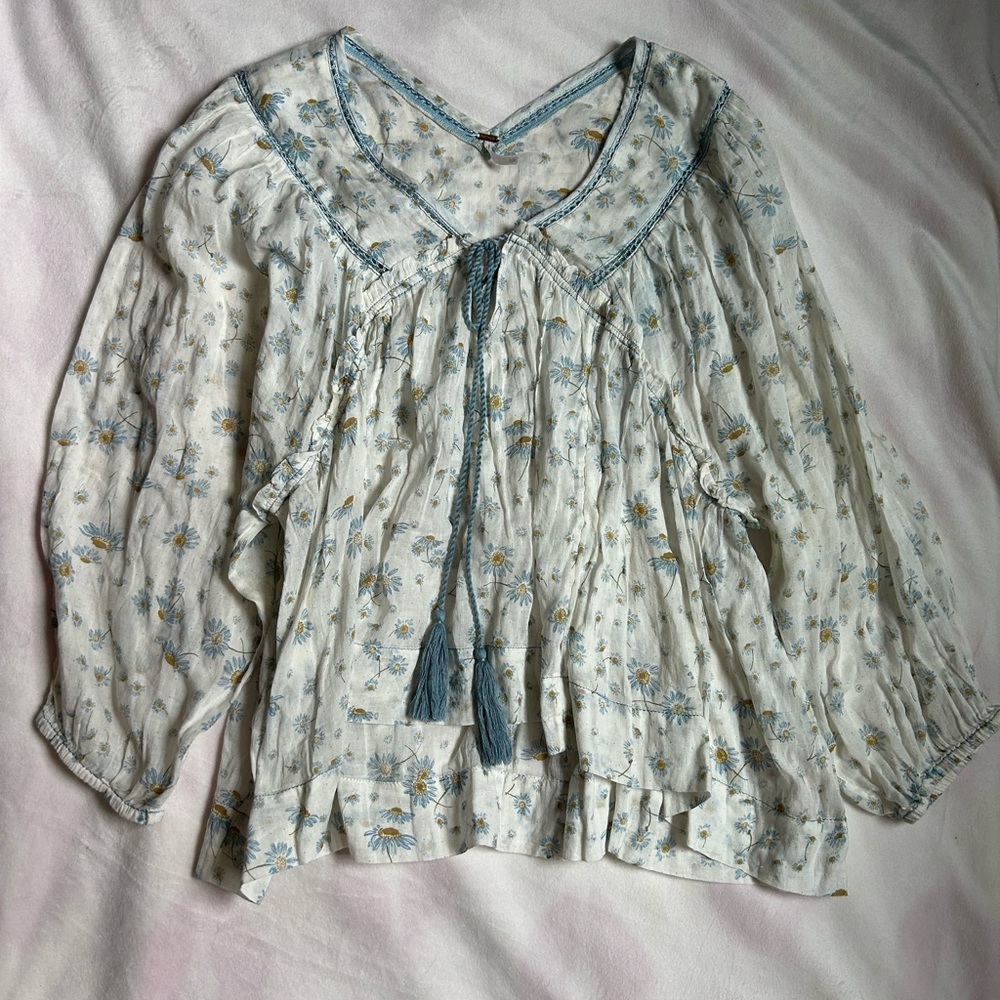 Free People Floral Print Balloon Sleeve Top